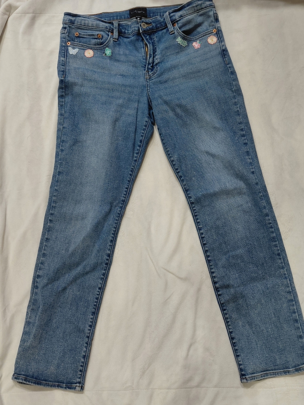 Lucky Brand Light Blue Upcycled "Just Peachy" & Flower Iron Ons Jeans Size 14